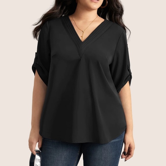 BloomChic Plus Size V Neck Plain Pleated Tab Sleeve Blouse - Picture 3 of 5